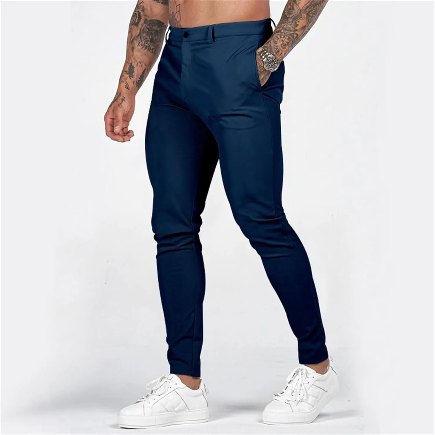 Mens Fashion Slim Fit Golf Dress Pants Casual Business Skinny Stretch Flat-Front Tapered Leg Chino Expandable Waist Suit Pant