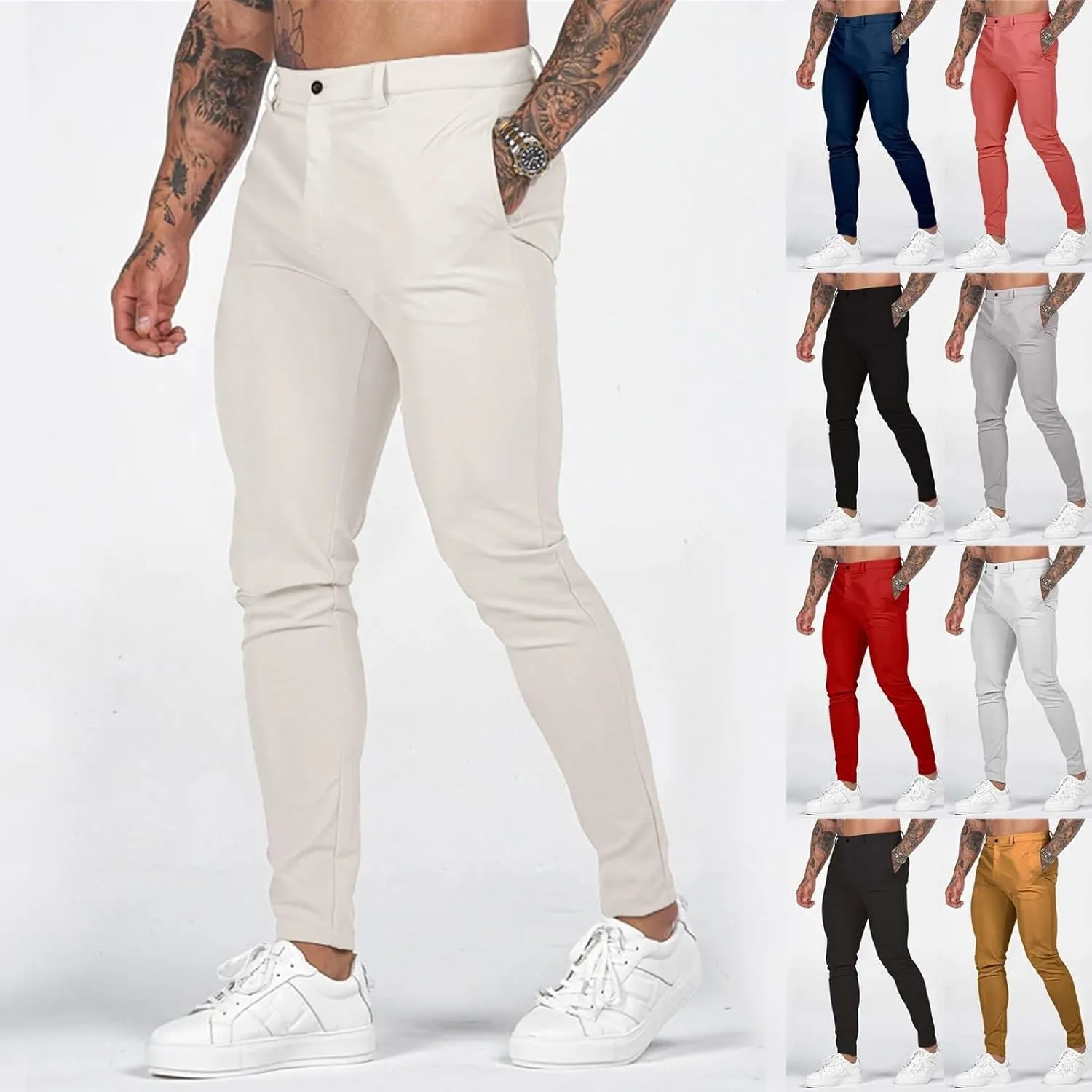 Mens Fashion Slim Fit Golf Dress Pants Casual Business Skinny Stretch Flat-Front Tapered Leg Chino Expandable Waist Suit Pant