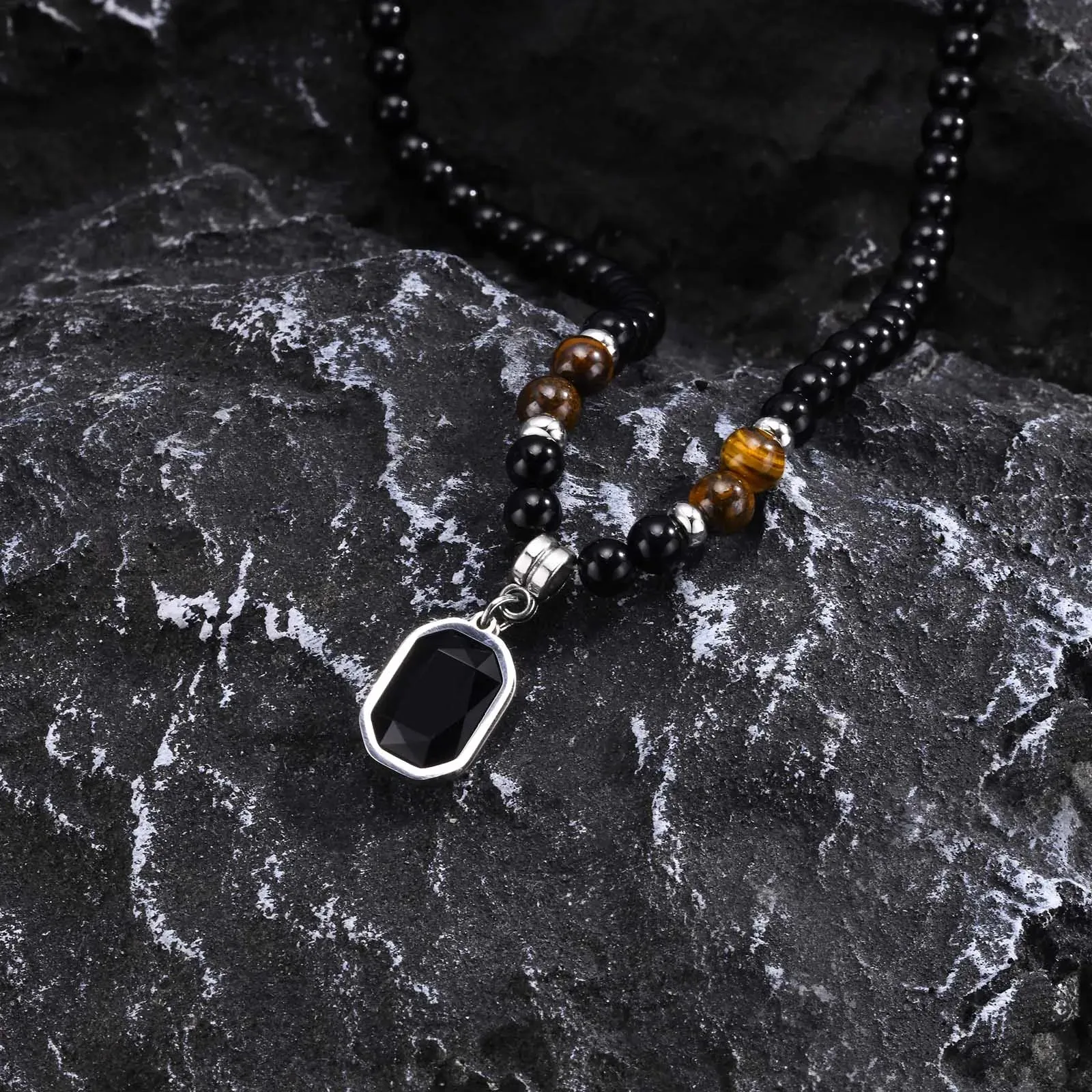 Mens Geometric Charm Necklaces, Black Beaded Tier Eye Stone with Square Pendant