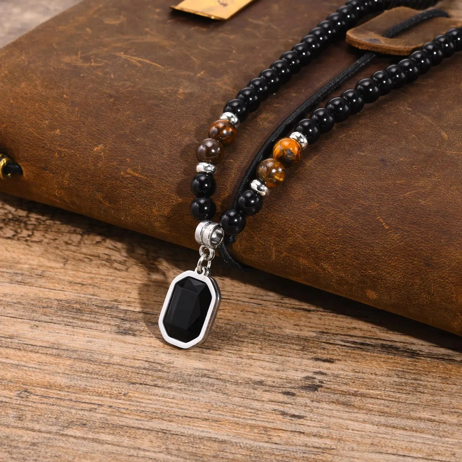 Mens Geometric Charm Necklaces, Black Beaded Tier Eye Stone with Square Pendant