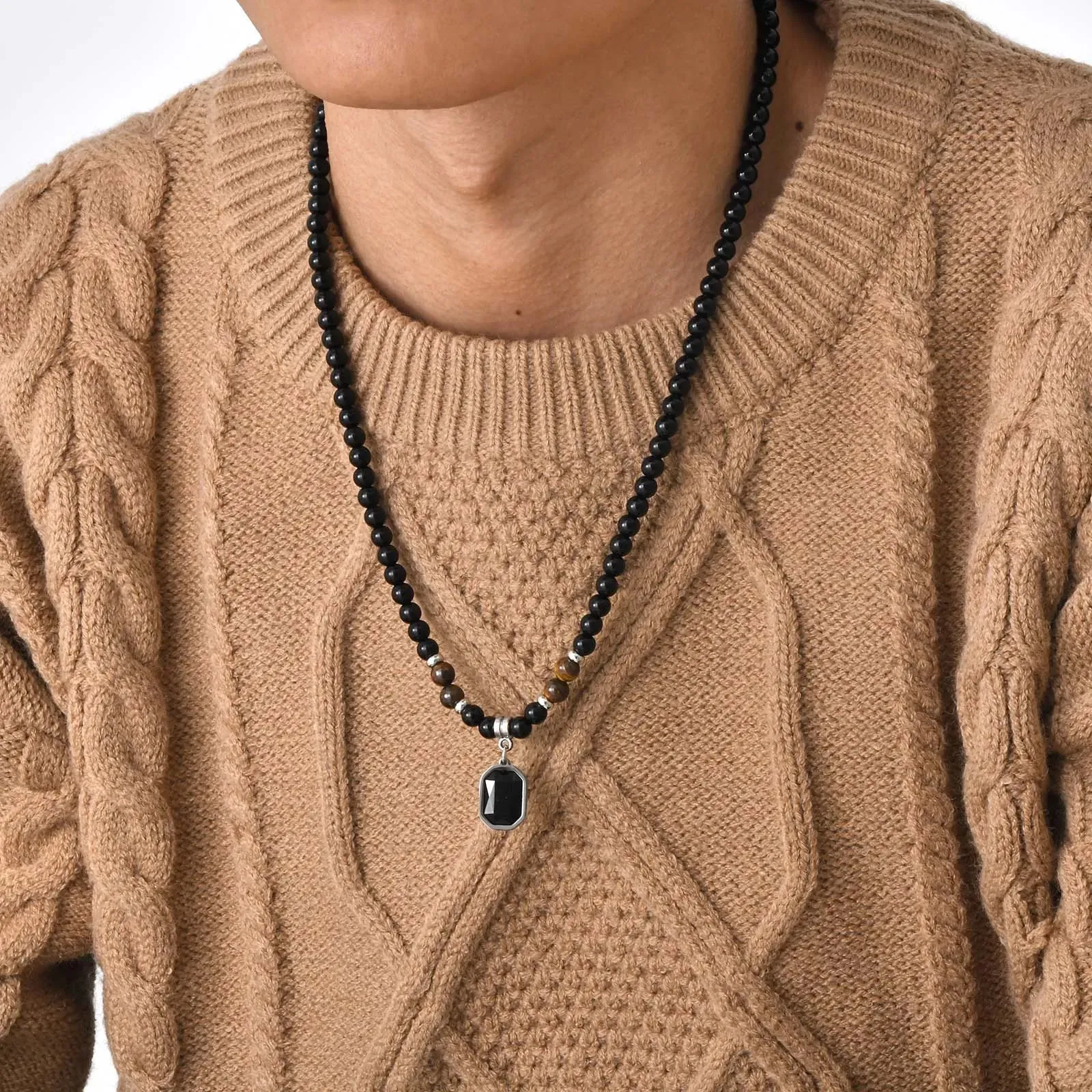 Mens Geometric Charm Necklaces, Black Beaded Tier Eye Stone with Square Pendant