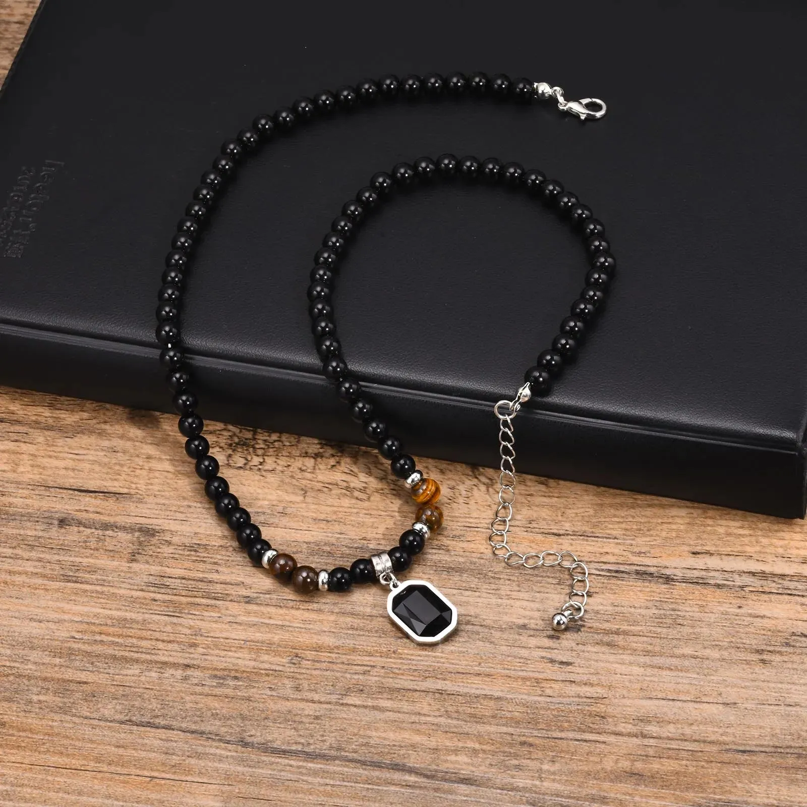Mens Geometric Charm Necklaces, Black Beaded Tier Eye Stone with Square Pendant