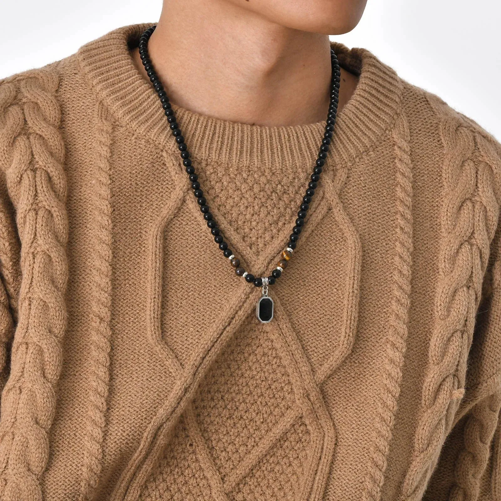 Mens Geometric Charm Necklaces, Black Beaded Tier Eye Stone with Square Pendant