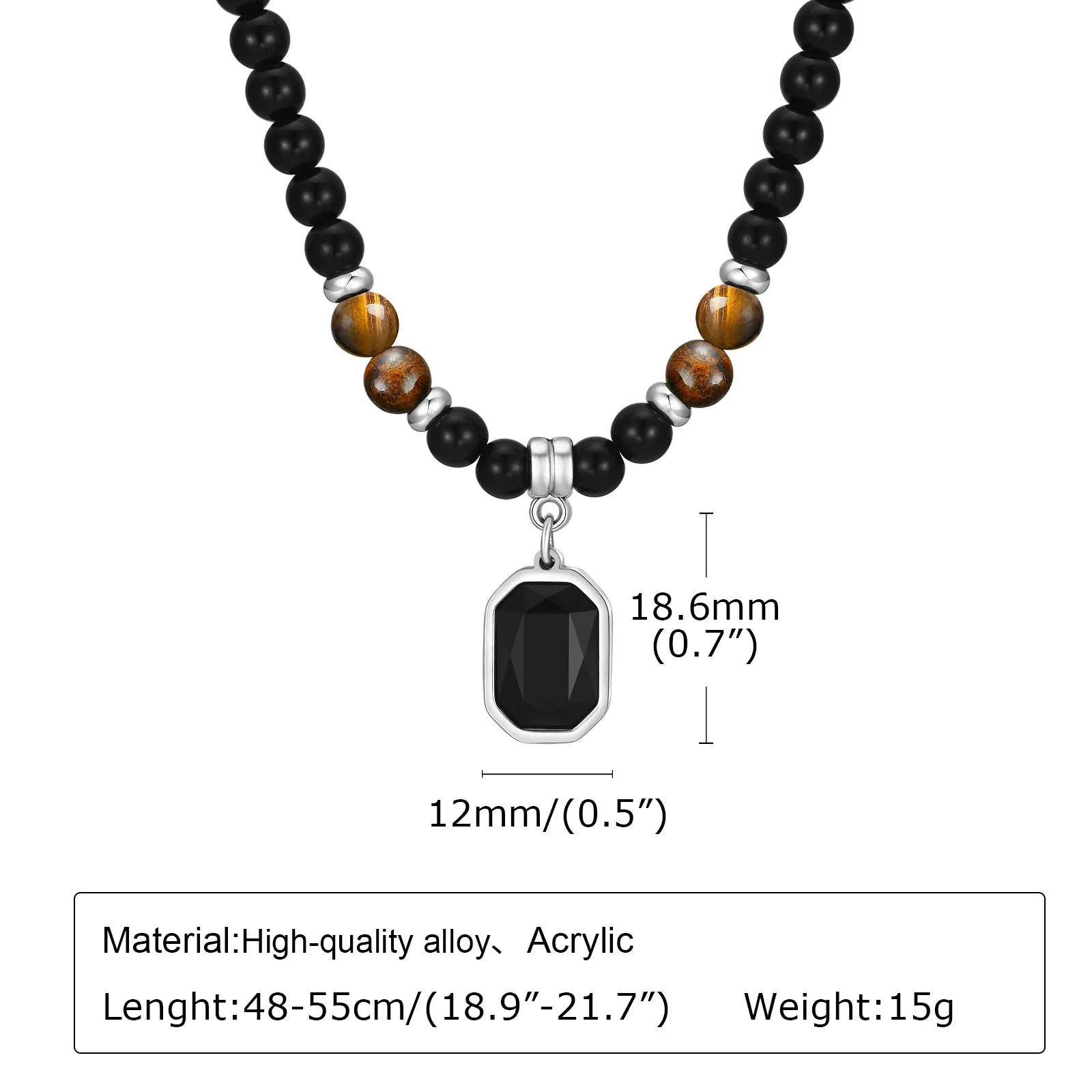 Mens Geometric Charm Necklaces, Black Beaded Tier Eye Stone with Square Pendant