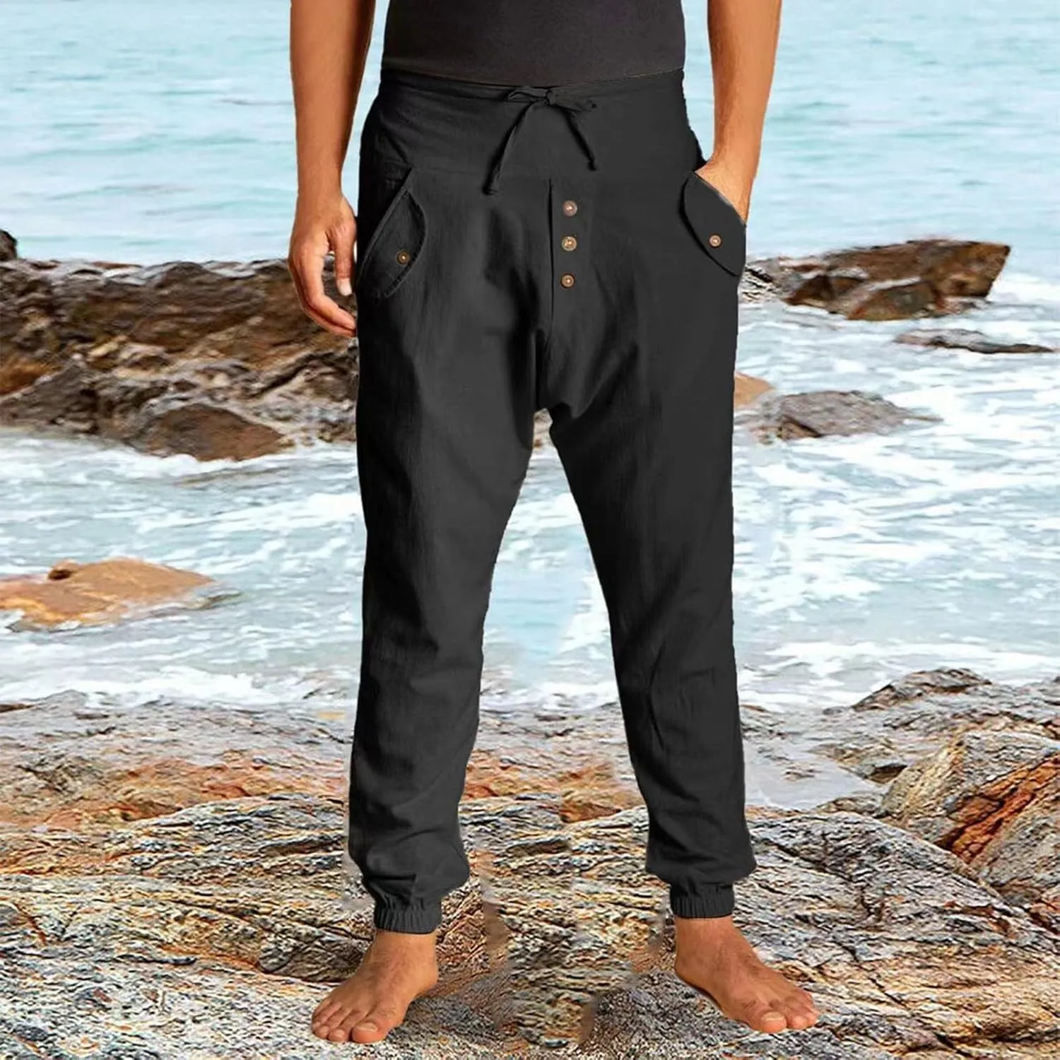 Men's High Waisted Pants Summer Casual Linen Pants Trendy Solid Drawstring Elastic Trousers Outdoor Vacation Slacks