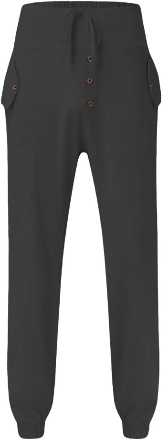 Men's High Waisted Pants Summer Casual Linen Pants Trendy Solid Drawstring Elastic Trousers Outdoor Vacation Slacks