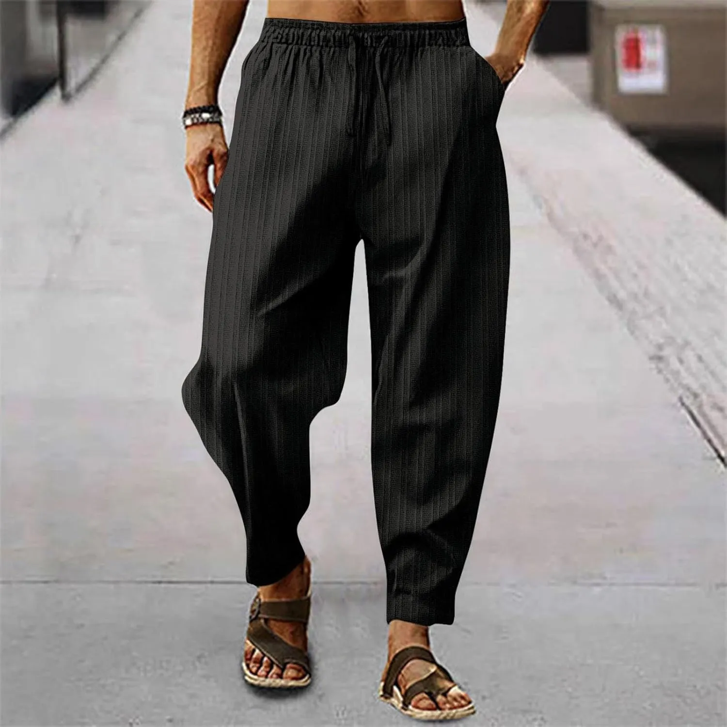 Mens Linen Cotton Drawstring Pants Elastic Waist Drawstring Casual Striped Trousers Trend Hippie Hip Hop Streetwear for Men