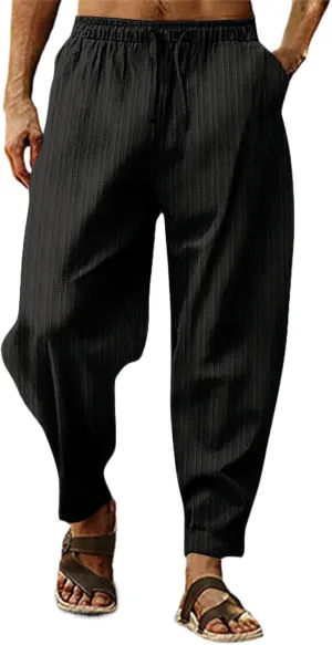 Mens Linen Cotton Drawstring Pants Elastic Waist Drawstring Casual Striped Trousers Trend Hippie Hip Hop Streetwear for Men