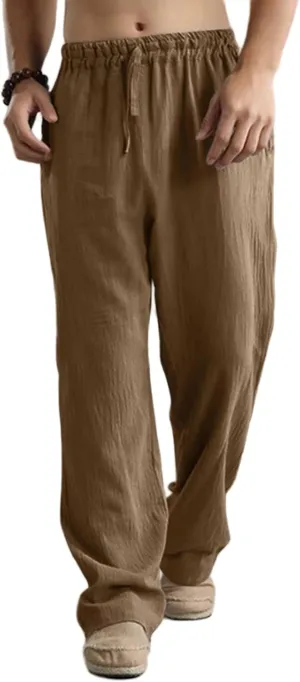 Men's Linen Pants Casual Elastic Waist Drawstring Trousers Summer Yoga Beach Pants Loose Breathable Sweatpants