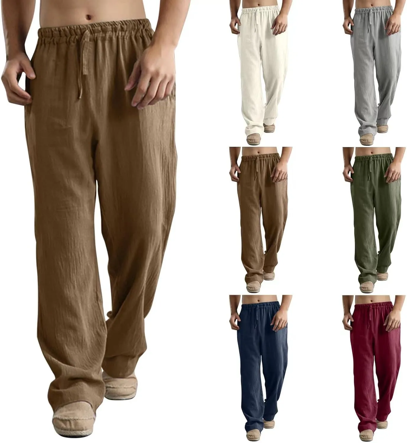 Men's Linen Pants Casual Elastic Waist Drawstring Trousers Summer Yoga Beach Pants Loose Breathable Sweatpants