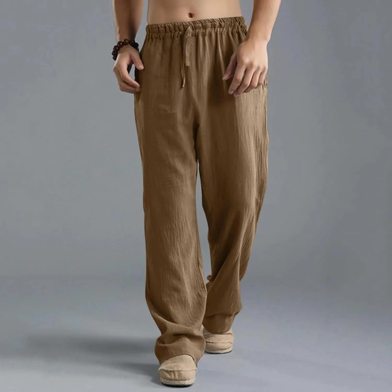 Men's Linen Pants Casual Elastic Waist Drawstring Trousers Summer Yoga Beach Pants Loose Breathable Sweatpants