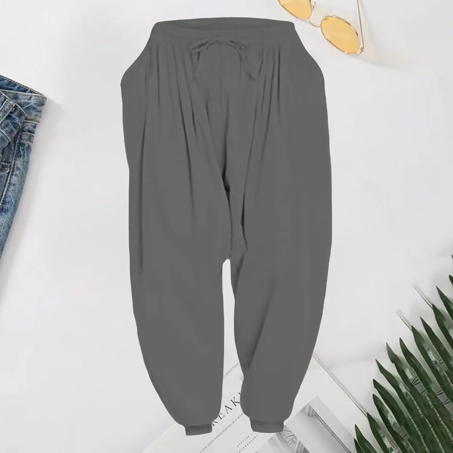 Men's Linen Pants Plain Loose Fit Tapered Slacks Lightweight Vacation Pants Drawstring Waist Yoga Trousers for Summer
