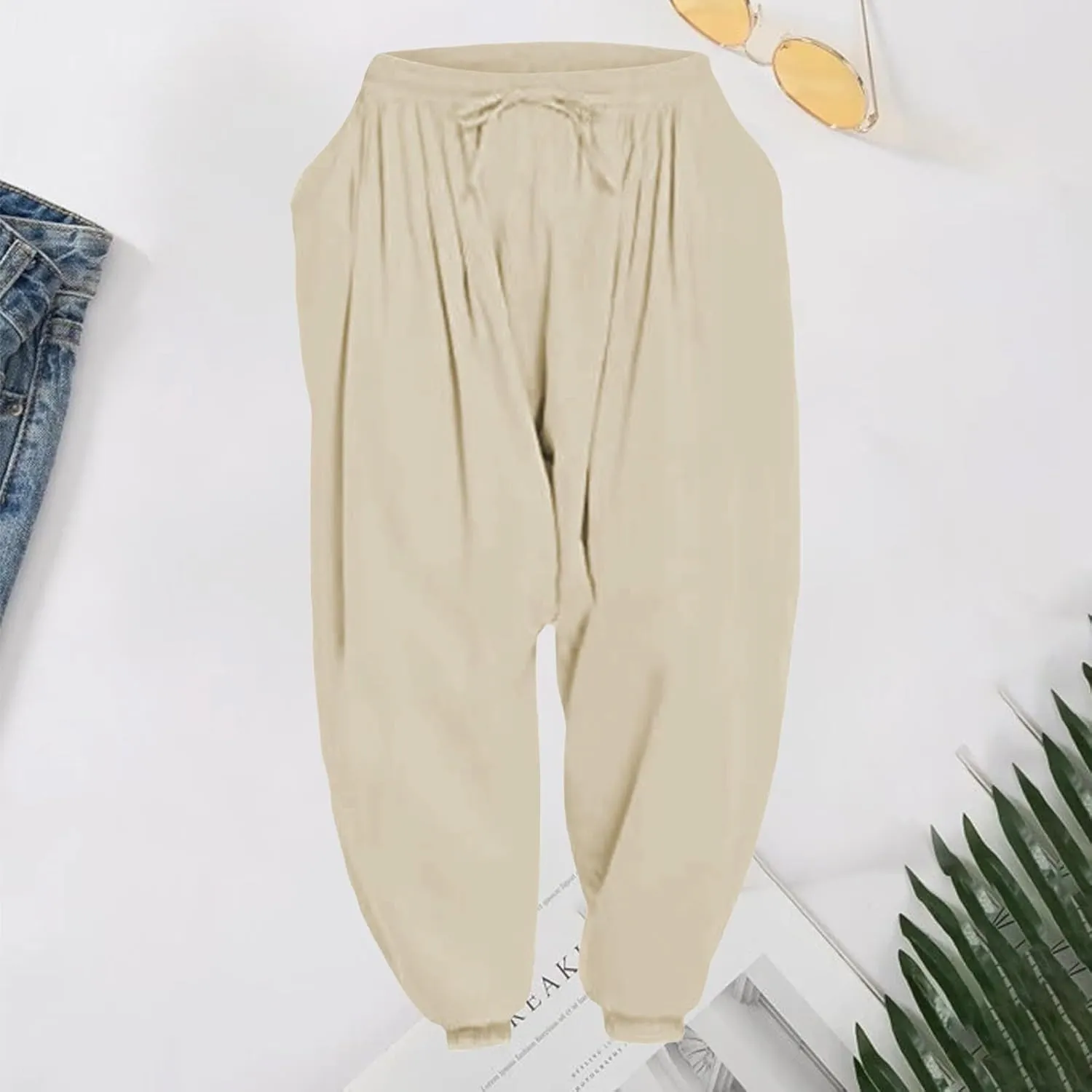 Men's Linen Pants Plain Loose Fit Tapered Slacks Lightweight Vacation Pants Drawstring Waist Yoga Trousers for Summer
