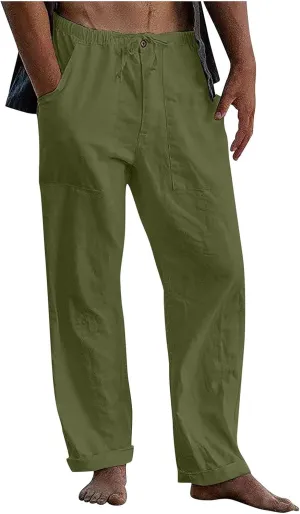 Mens Linen Pants Straight-Legs Stretchy Waist Beach Pants Loose Fit Casual Summer Yoga Pants Drawstring Baggy Trousers