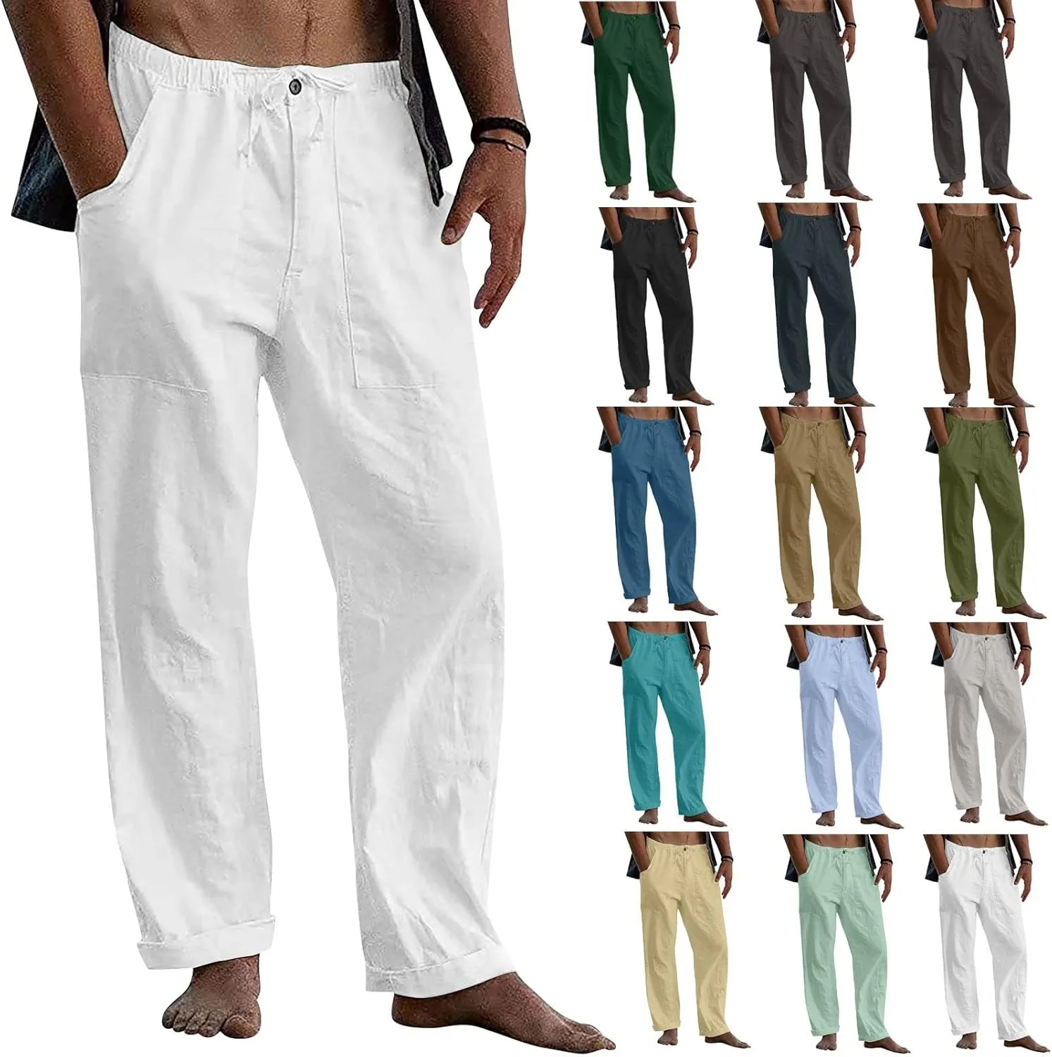 Mens Linen Pants Yoga Casual Elastic Waist Drawstring Baggy Trousers Summer Beach Pants for Men with Pockets