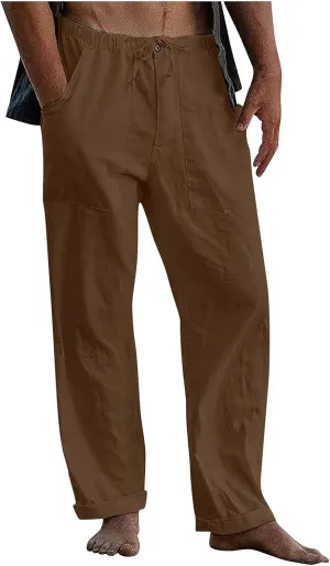 Mens Linen Pants Yoga Casual Elastic Waist Drawstring Baggy Trousers Summer Beach Pants for Men with Pockets