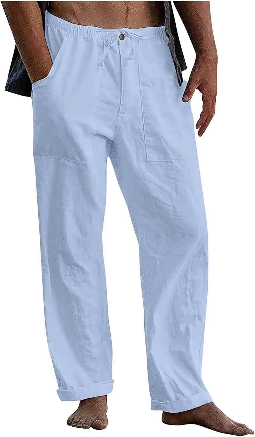 Mens Linen Pants Yoga Casual Elastic Waist Drawstring Baggy Trousers Summer Beach Pants for Men with Pockets