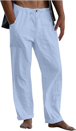 Mens Linen Pants Yoga Casual Elastic Waist Drawstring Baggy Trousers Summer Beach Pants for Men with Pockets