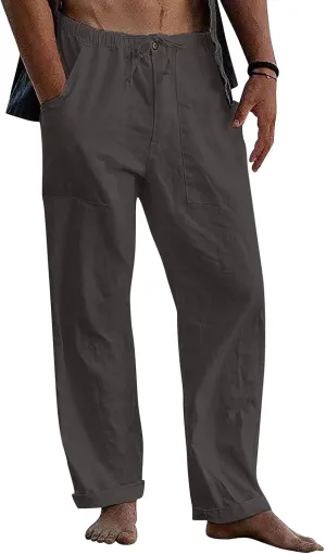 Mens Linen Pants Yoga Casual Elastic Waist Drawstring Baggy Trousers Summer Beach Pants for Men with Pockets