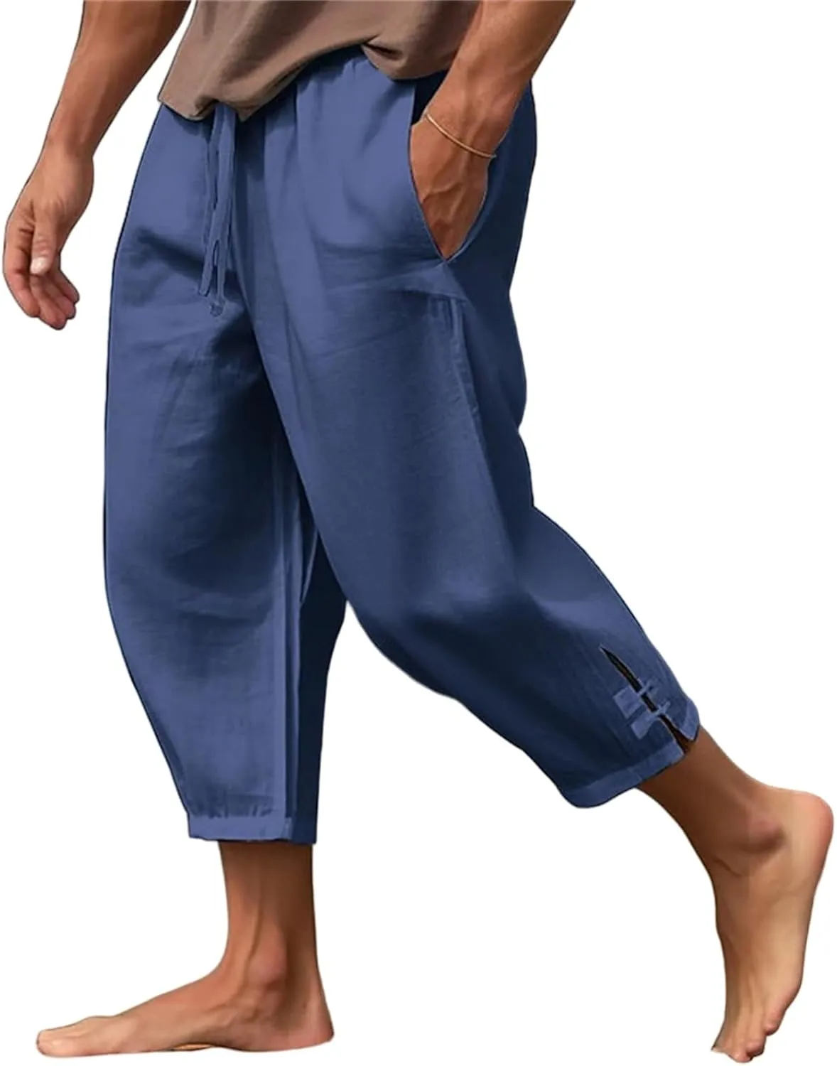 Mens Linen Yoga Pants Harem Capri 3/4 Shorts Sweatpants Jogger Pant Drawstring Elastic Waist Beach Boho Yoga Trousers