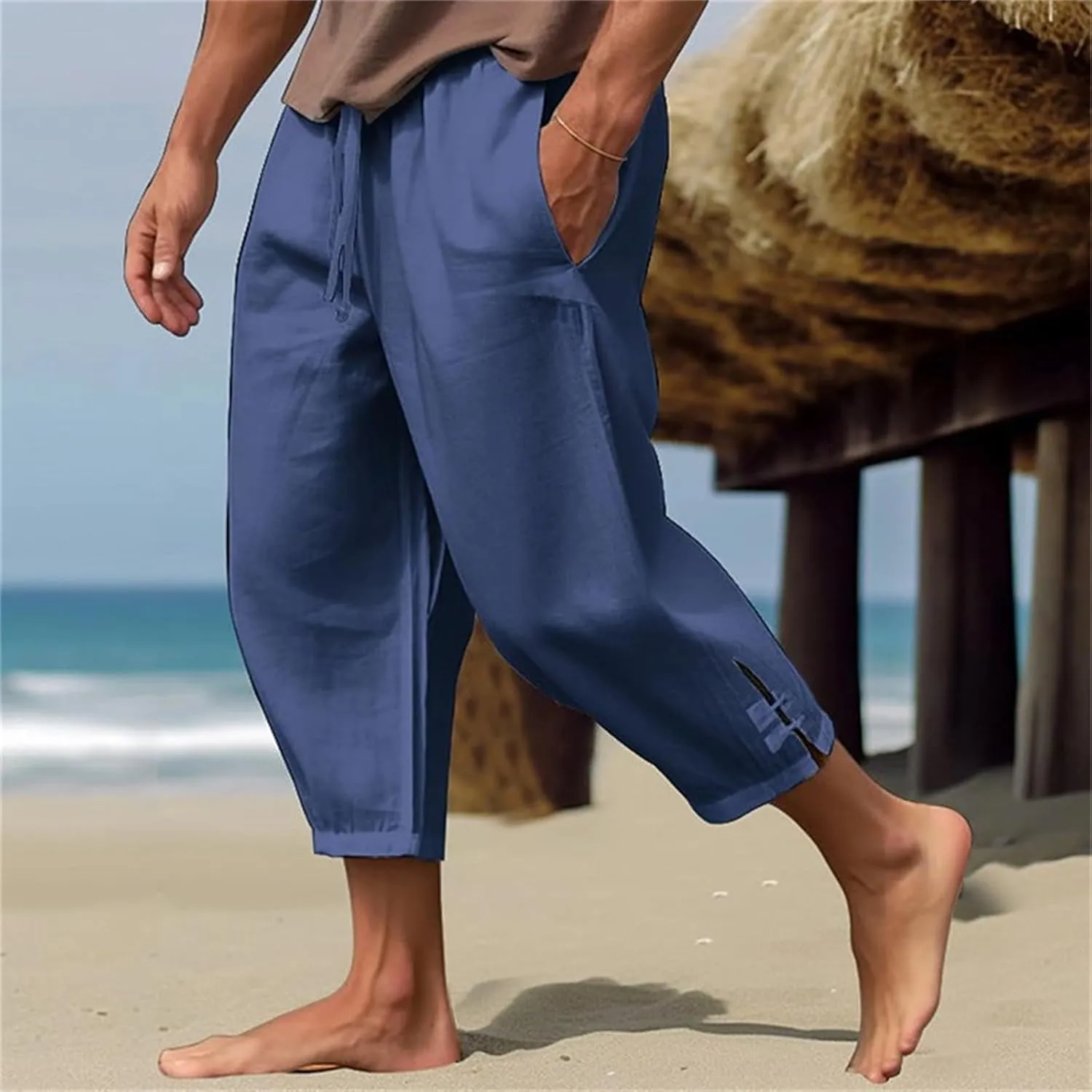 Mens Linen Yoga Pants Harem Capri 3/4 Shorts Sweatpants Jogger Pant Drawstring Elastic Waist Beach Boho Yoga Trousers