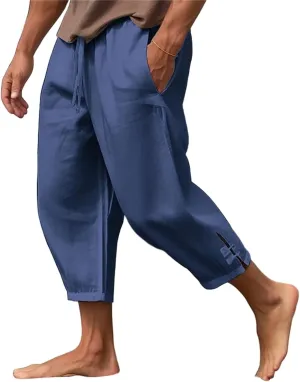 Mens Linen Yoga Pants Harem Capri 3/4 Shorts Sweatpants Jogger Pant Drawstring Elastic Waist Beach Boho Yoga Trousers