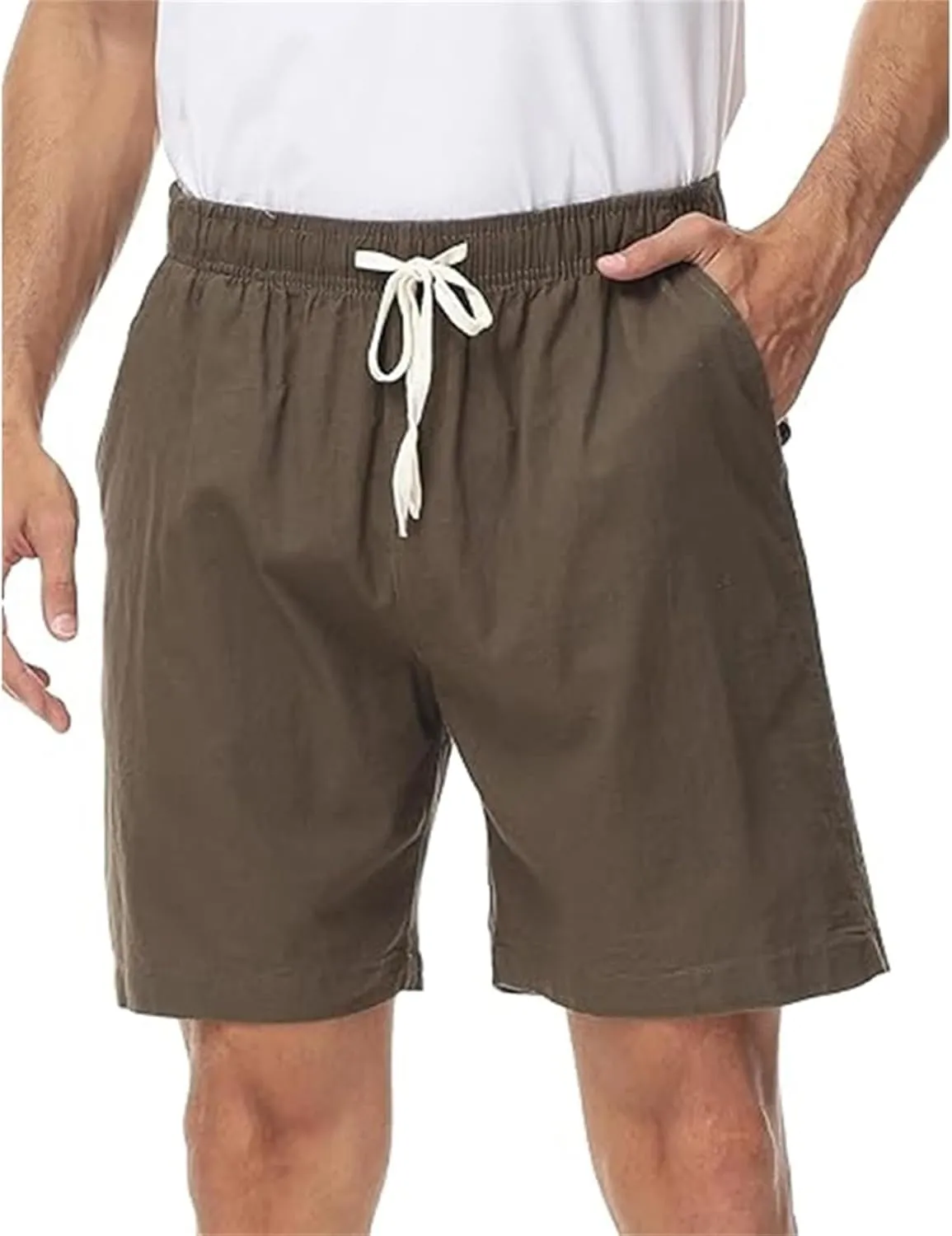 Men's Pants Linen Shorts Elastic Waist Drawstring Summer Beach Baggy Trousers with Pockets