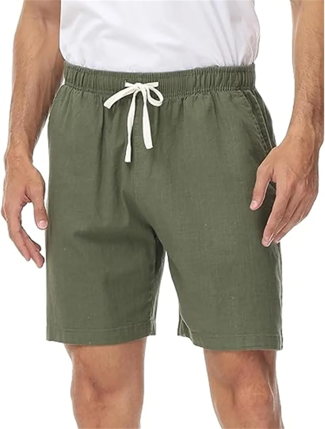 Men's Pants Linen Shorts Elastic Waist Drawstring Summer Beach Baggy Trousers with Pockets
