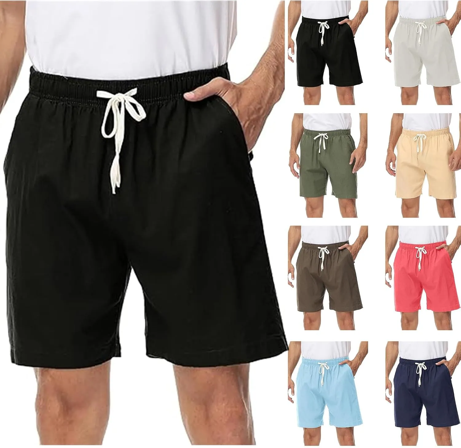 Men's Pants Linen Shorts Elastic Waist Drawstring Summer Beach Baggy Trousers with Pockets