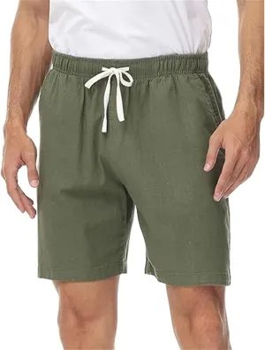 Men's Pants Linen Shorts Elastic Waist Drawstring Summer Beach Baggy Trousers with Pockets