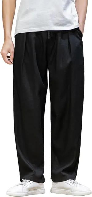 Mens Plus Size Linen Pants Loose Fit Casual Pants Summer Wide Legs Slacks Solid Drawstring Waist Trousers with Pocket