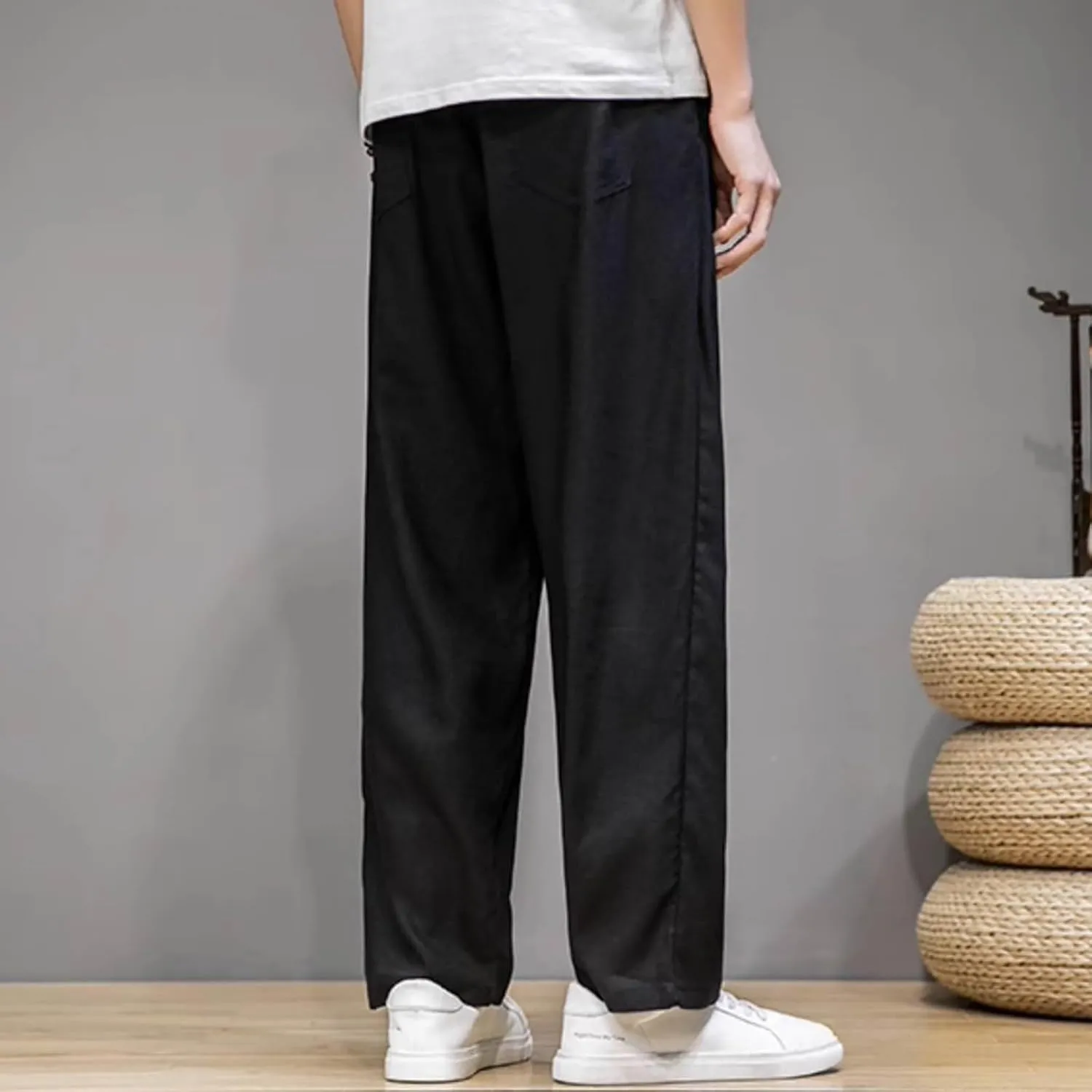 Mens Plus Size Linen Pants Loose Fit Casual Pants Summer Wide Legs Slacks Solid Drawstring Waist Trousers with Pocket