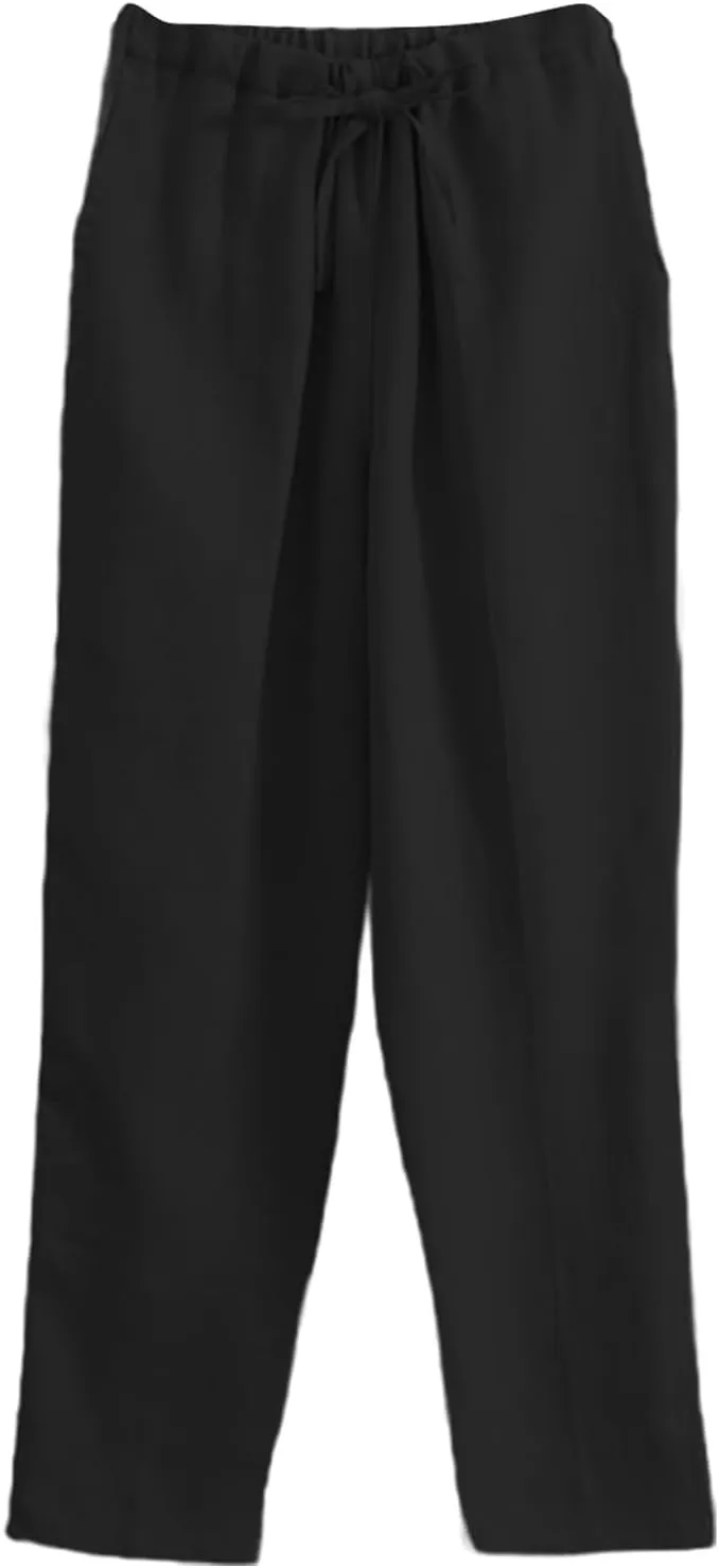 Mens Plus Size Linen Pants Loose Fit Casual Pants Summer Wide Legs Slacks Solid Drawstring Waist Trousers with Pocket