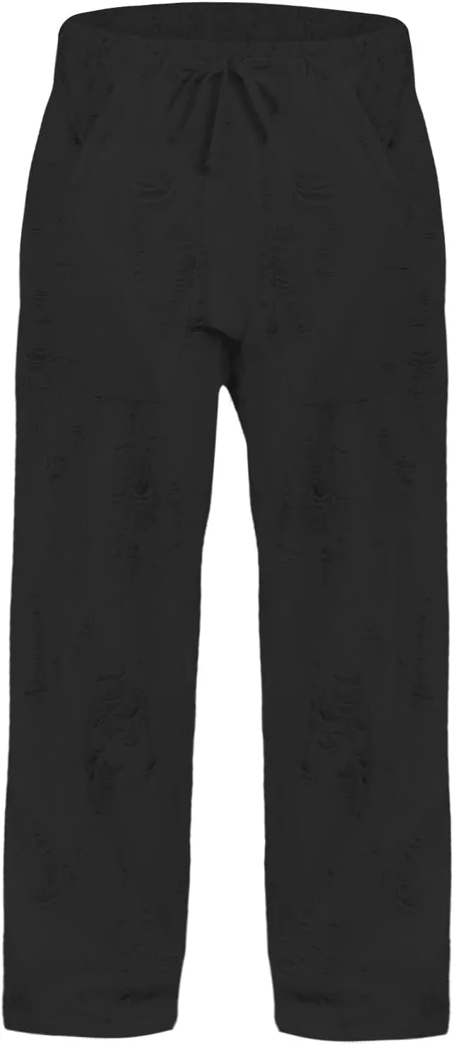 Men's Ripped Casual Pants Outdoor Trendy Distressed Pants Summer Loose Open Bottom Slacks Drawstring Waist Trousers