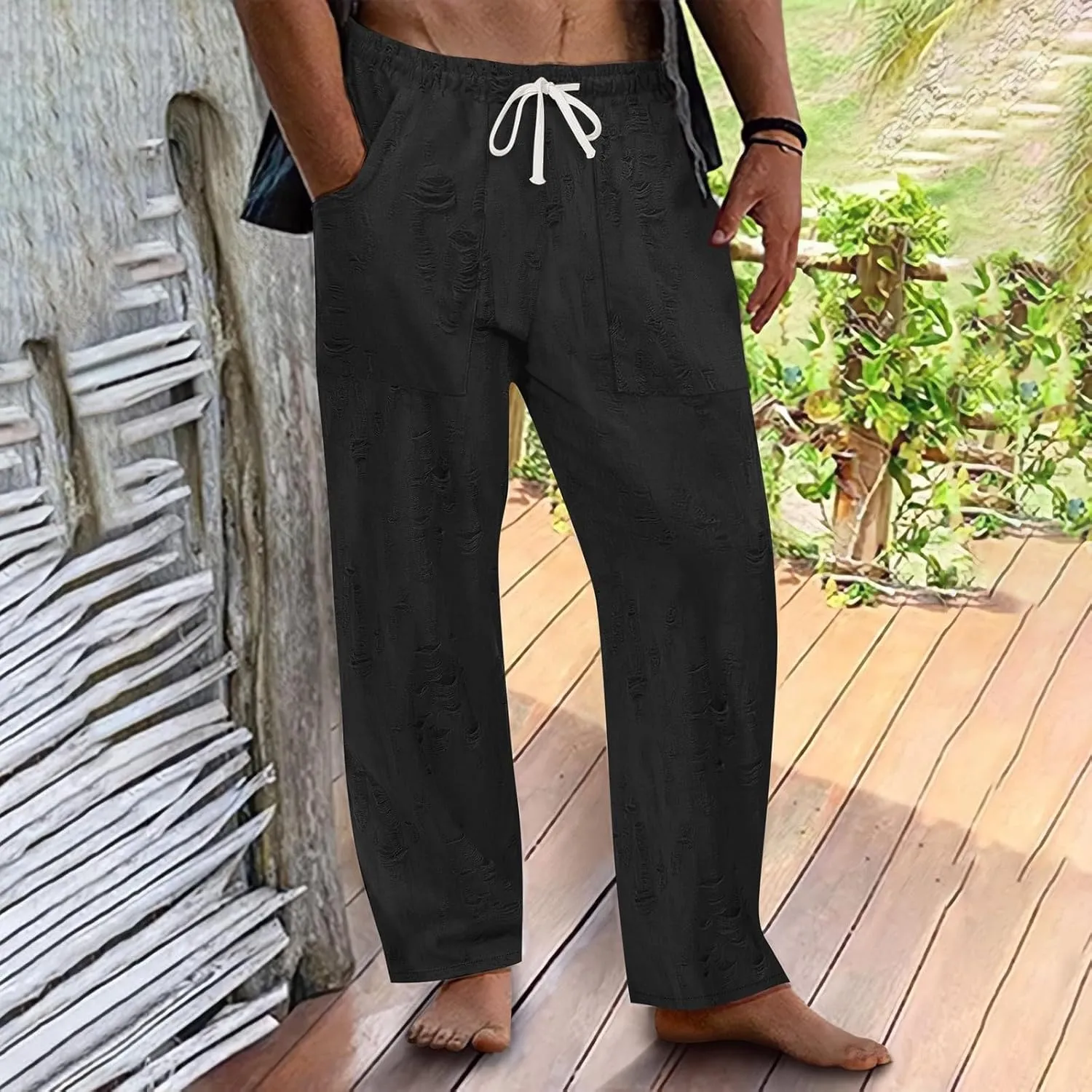 Men's Ripped Casual Pants Outdoor Trendy Distressed Pants Summer Loose Open Bottom Slacks Drawstring Waist Trousers