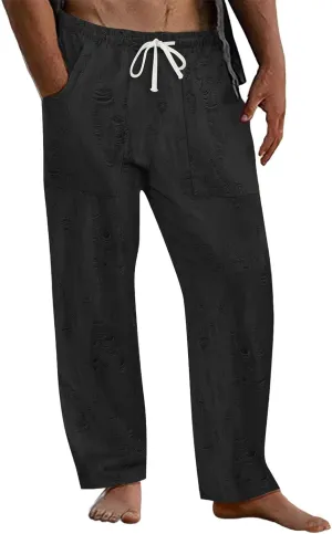Men's Ripped Casual Pants Outdoor Trendy Distressed Pants Summer Loose Open Bottom Slacks Drawstring Waist Trousers