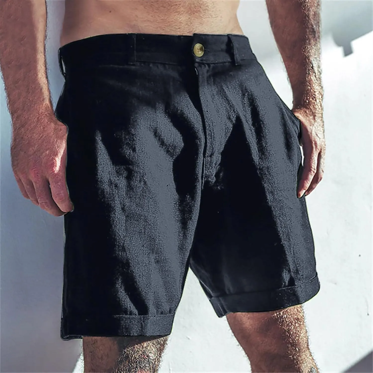 Mens Shorts Summer Trendy Cotton Linen Beach Pants Elastic Waist Button Trousers Breathable Running Pants with Pokets