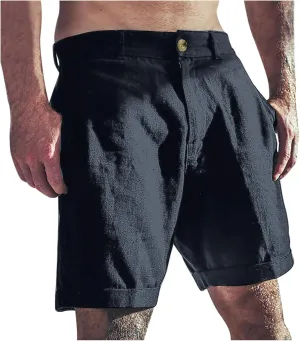Mens Shorts Summer Trendy Cotton Linen Beach Pants Elastic Waist Button Trousers Breathable Running Pants with Pokets