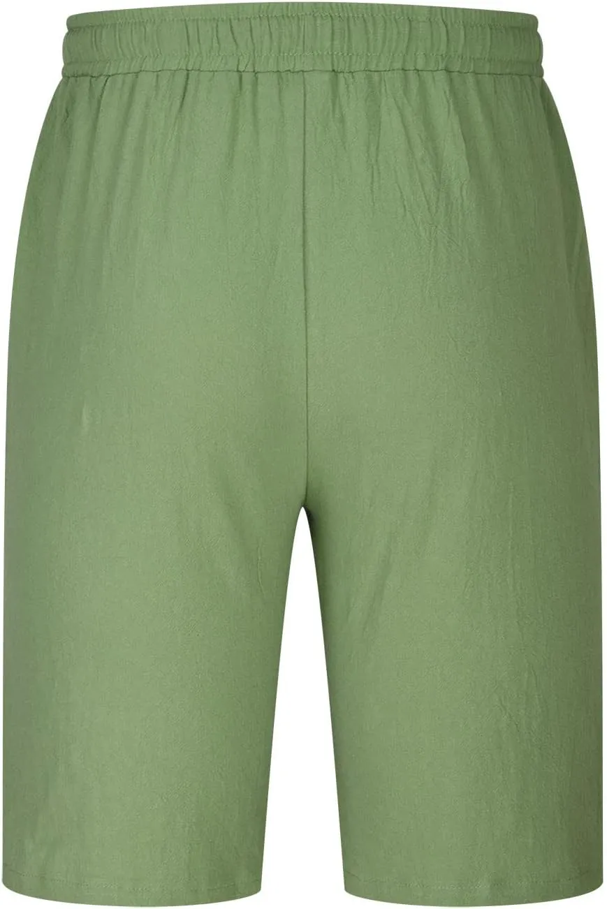 Mens Shorts Summer Trendy Cotton Linen Sport Pants Elastic Waist Drawstring Trousers Straight Beach Pants with Pockets