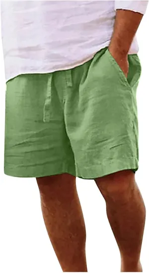 Mens Shorts Summer Trendy Cotton Linen Sport Pants Elastic Waist Drawstring Trousers Straight Beach Pants with Pockets