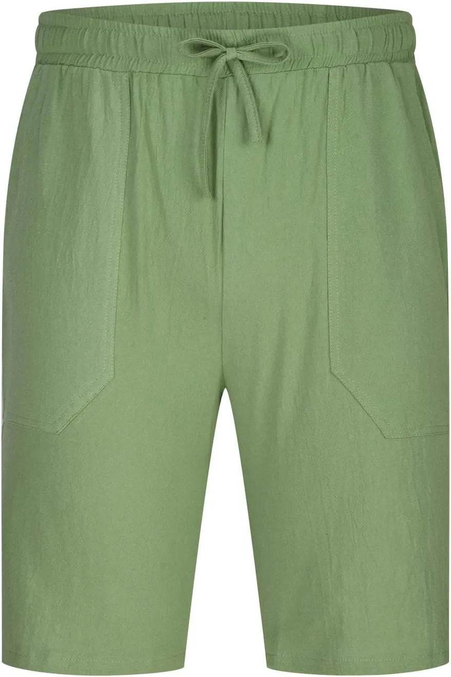 Mens Shorts Summer Trendy Cotton Linen Sport Pants Elastic Waist Drawstring Trousers Straight Beach Pants with Pockets
