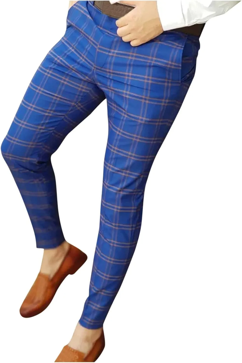 Men's Skinny Fit Plaid Pants Casual Work Office Business Dress Pants Stretch Slim Fit Casual Trousers Golf Work Long Pants Comfy Flat Front Chinos Suit Pants Mens Trousers Fall Blue