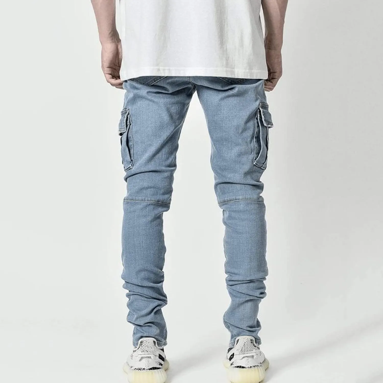 Mens Slim Fit Cargo Jeans Straight Leg Denim Work Utility Pants Streetwear Hip Hop Cargo Jogger Pants Casual Skinny Jeans