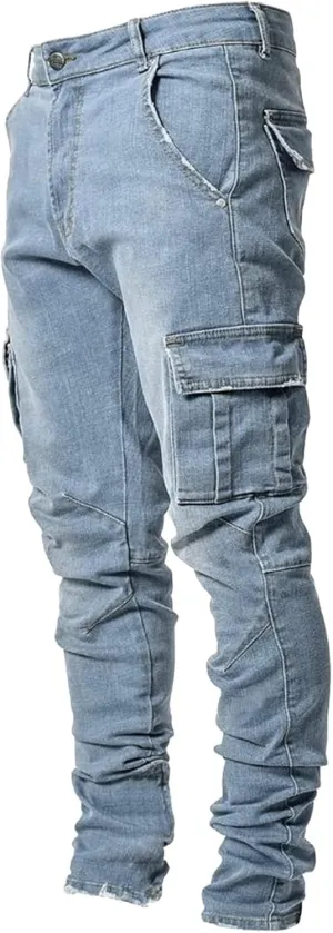 Mens Slim Fit Cargo Jeans Straight Leg Denim Work Utility Pants Streetwear Hip Hop Cargo Jogger Pants Casual Skinny Jeans