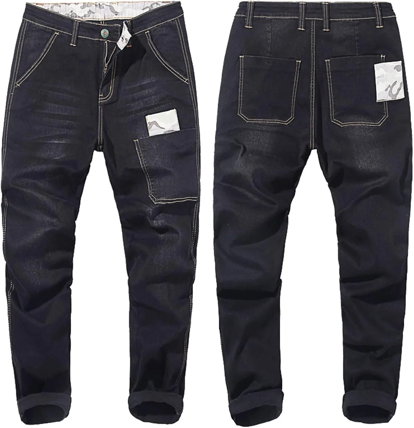 Men's Vintage Ripped Hip Hop Jeans Distressed Side Pocket Stretch Denim Pants Patches Slim Fit Harem Jean Trousers