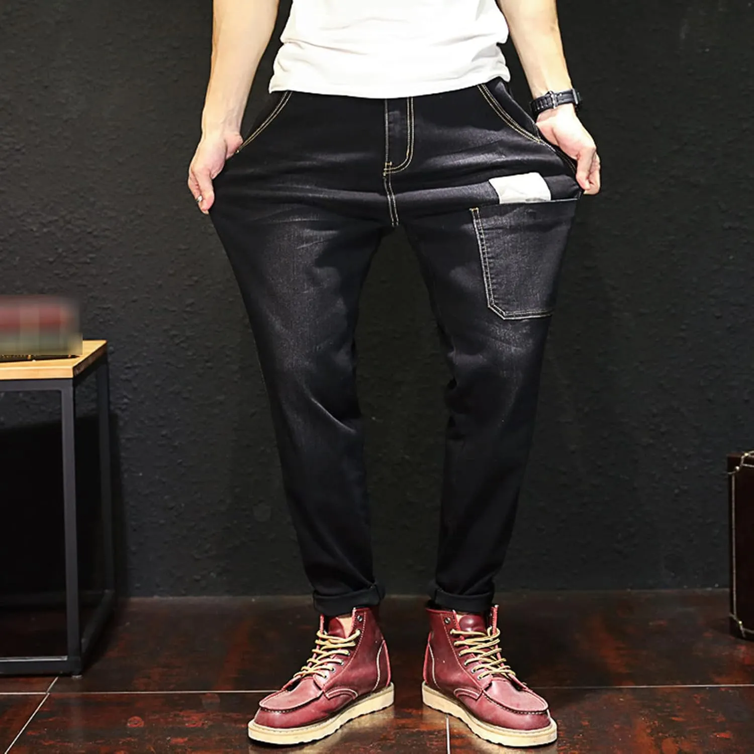 Men's Vintage Ripped Hip Hop Jeans Distressed Side Pocket Stretch Denim Pants Patches Slim Fit Harem Jean Trousers