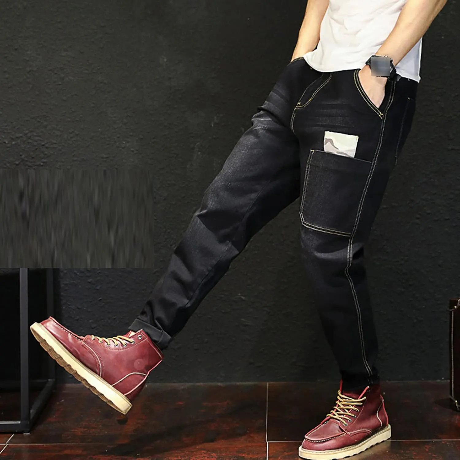 Men's Vintage Ripped Hip Hop Jeans Distressed Side Pocket Stretch Denim Pants Patches Slim Fit Harem Jean Trousers