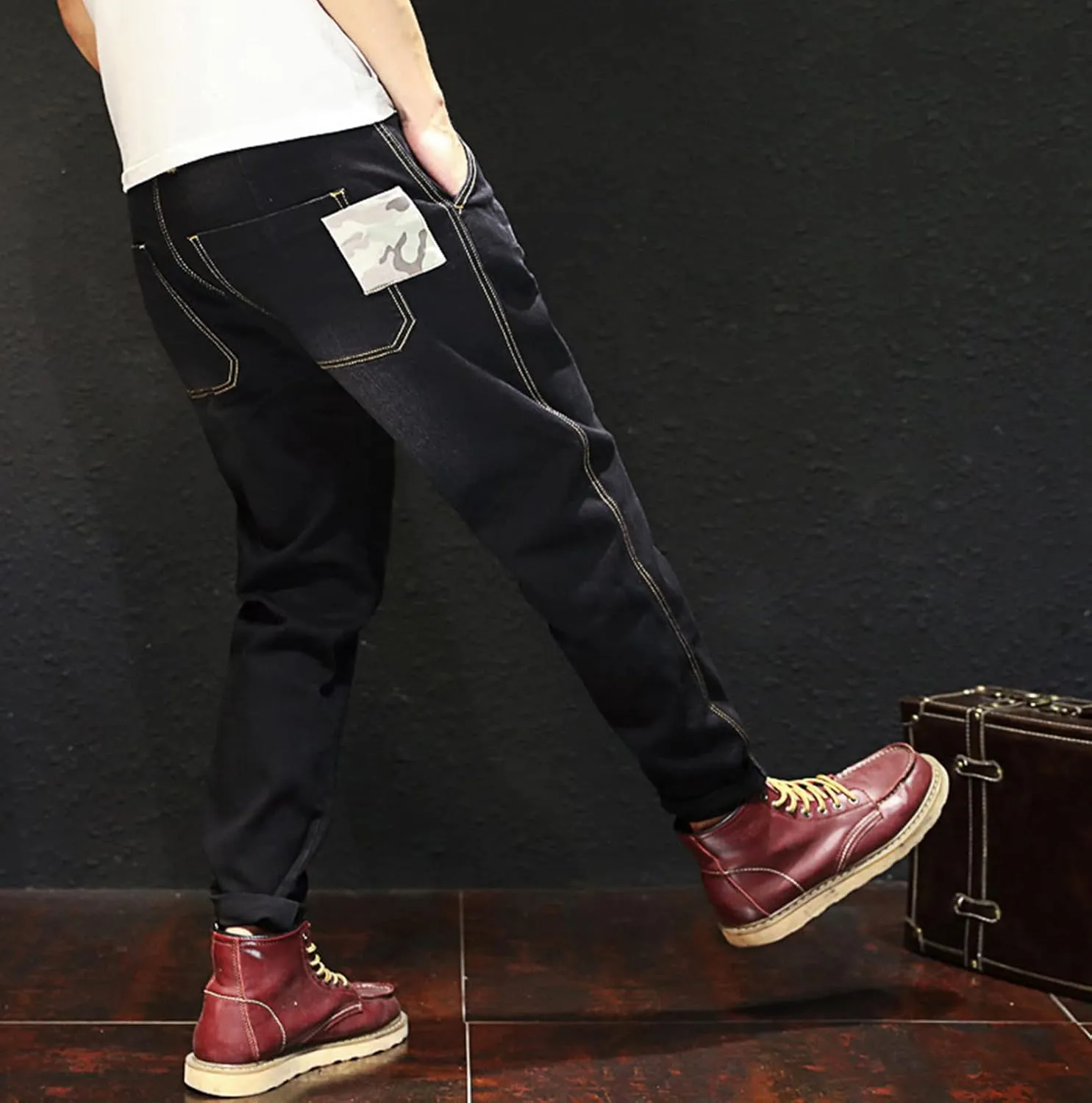Men's Vintage Ripped Hip Hop Jeans Distressed Side Pocket Stretch Denim Pants Patches Slim Fit Harem Jean Trousers