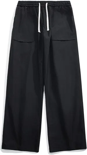Mens Wide Leg Chino Pants Loose Fit Elastic Waist Drawstring Cargo Pants with Multi Pockets Open Bottom Comfort Sweatpants