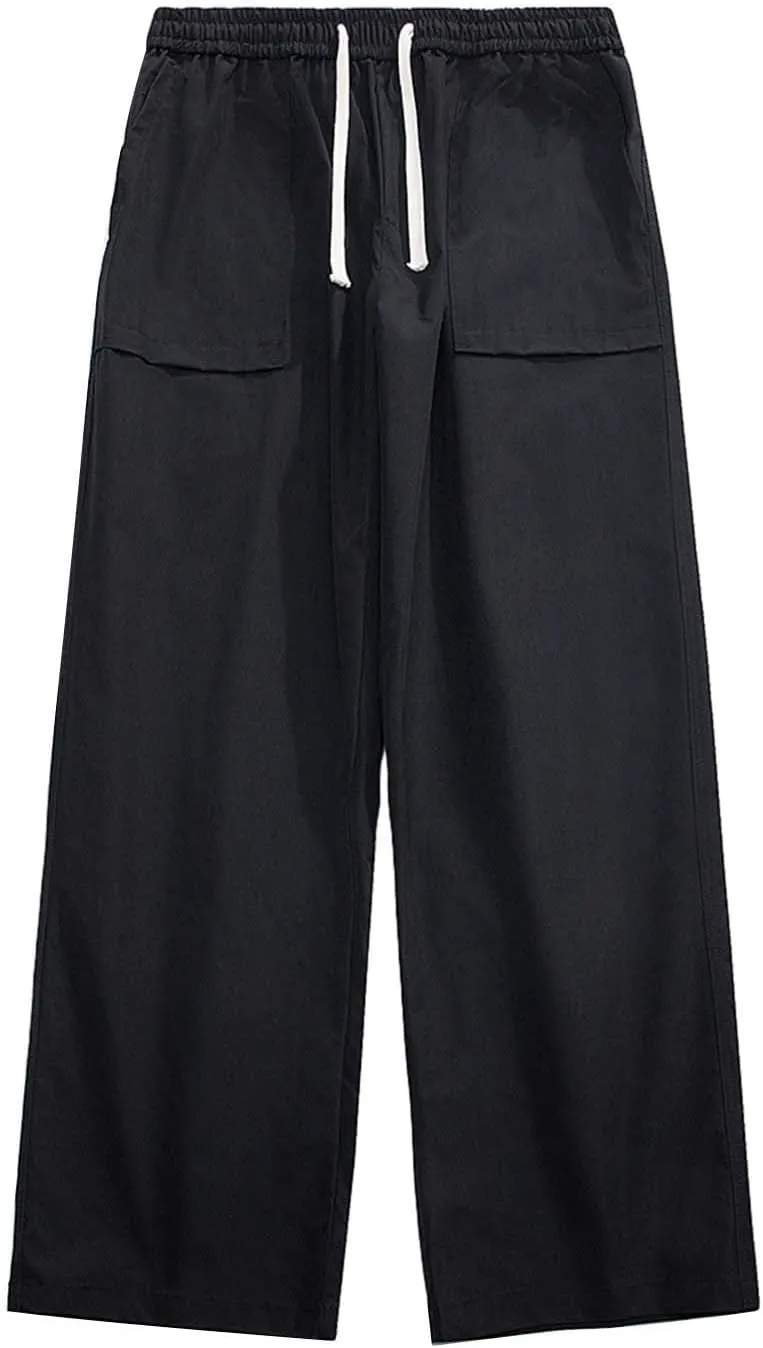 Mens Wide Leg Chino Pants Loose Fit Elastic Waist Drawstring Cargo Pants with Multi Pockets Open Bottom Comfort Sweatpants